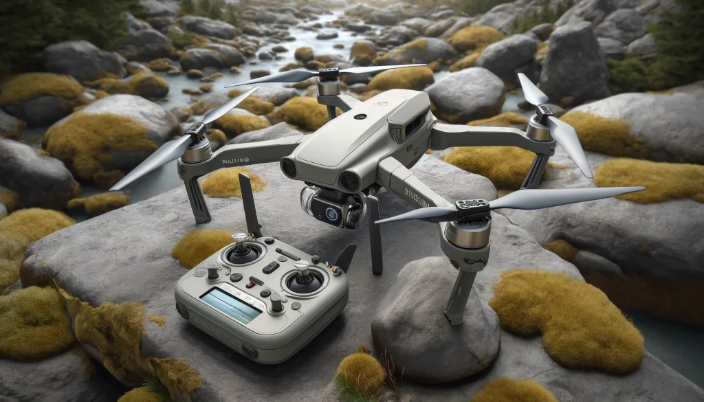 DALL·E 2024 06 01 19.11.49 Realistic depiction of the Ruko F11GIM2 drone showing detailed features such as the drones body camera and remote controller. The background shoul