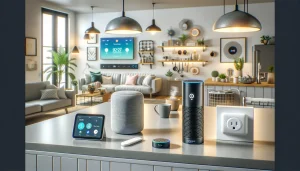 DALL·E 2024 06 06 16.19.03 A modern smart home setup featuring Amazon Smart Home devices. The scene includes an Amazon Echo speaker on a sleek kitchen counter controlling smart