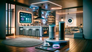 Here is the updated illustration of a futuristic smart home interior featuring various Amazon Smart Home devices.