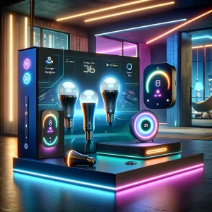 DALL·E 2024 06 07 09.21.18 A concept image of a futuristic smart home lighting starter kit similar to the Philips Hue with sleek modern design and vibrant neon accents. The ki