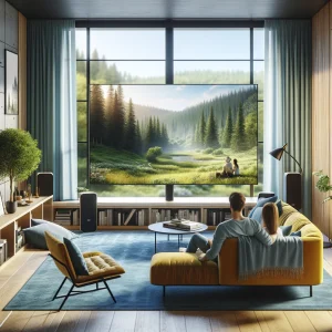 DALL·E 2024 06 10 16.01.49 A modern living room with a large window overlooking a lush green forest. Inside the room a couple is sitting on a mustard yellow sofa watching a TV